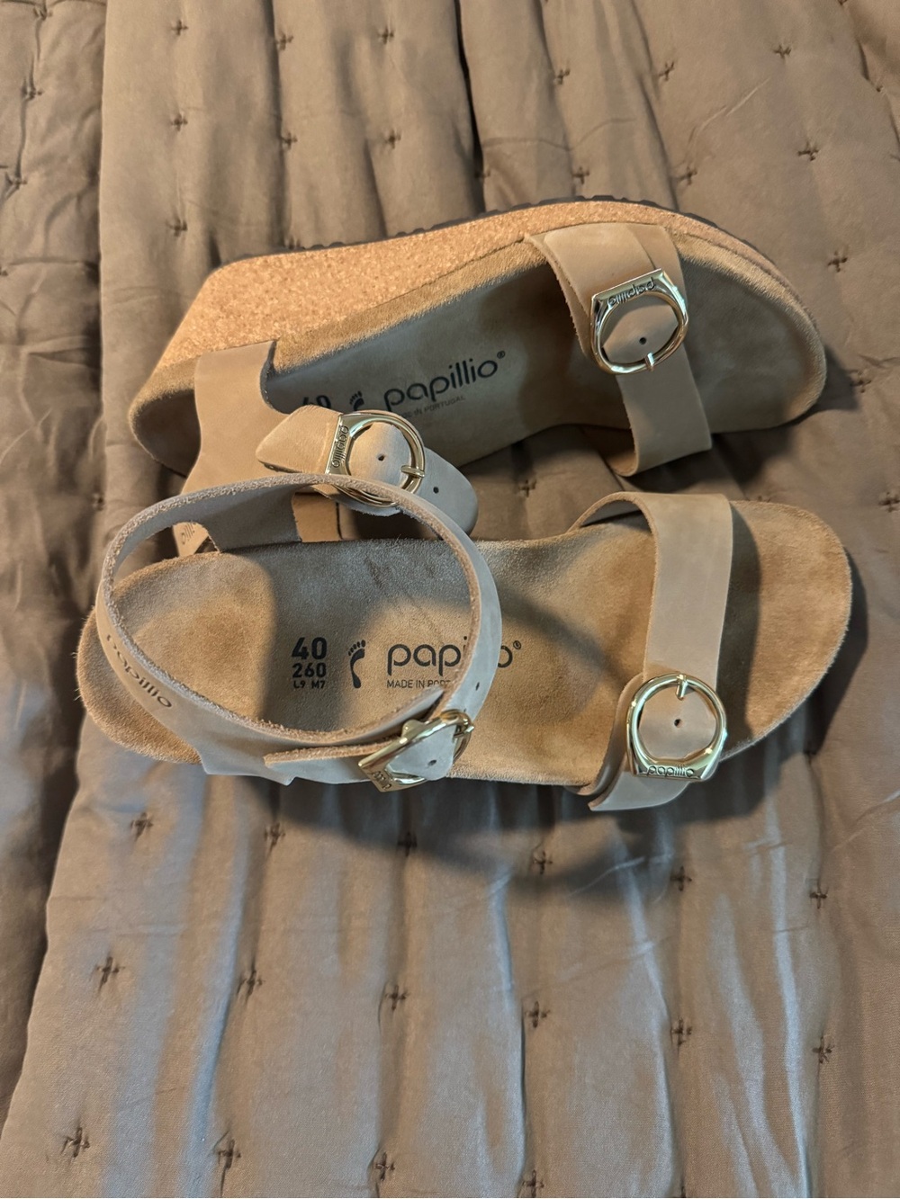 Papillio Taupe Suede Cork Wedge Sandals with Gold Buckles